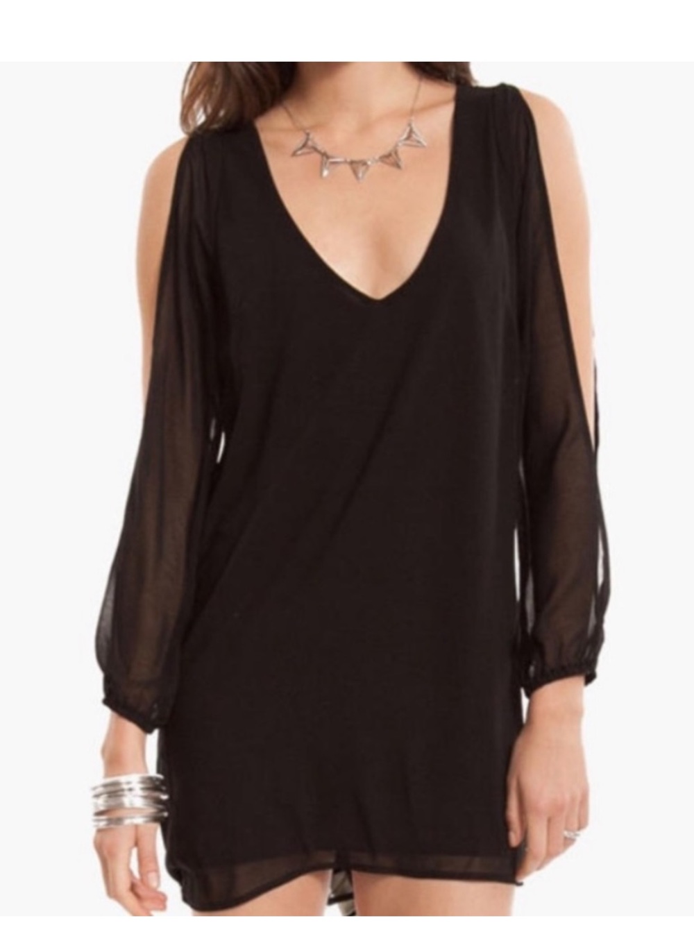 Tobi Black V-Neck Long Sleeve Dress/ Cut - out sheer sleeves add elegance XS